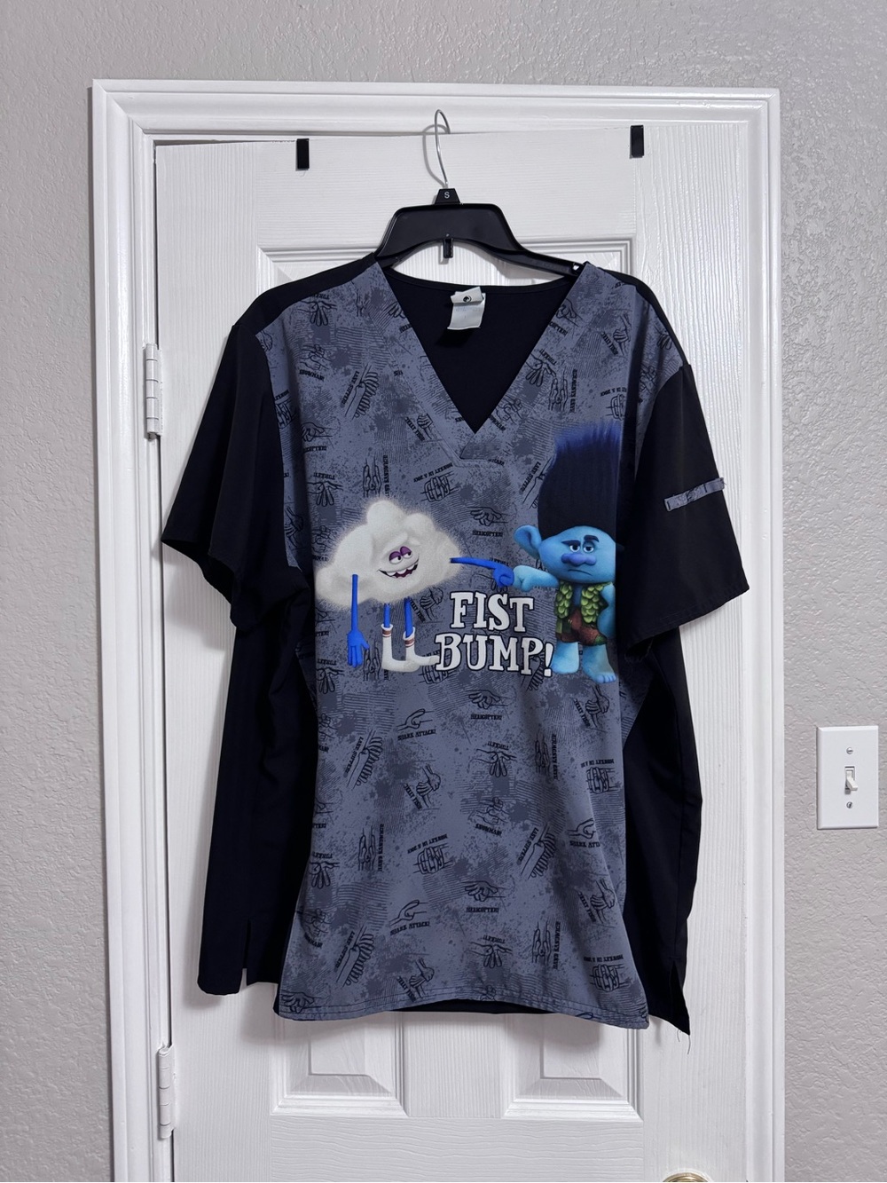 Trolls Graphic Scrub Top - Blue & Black "Fist Bump!" Large